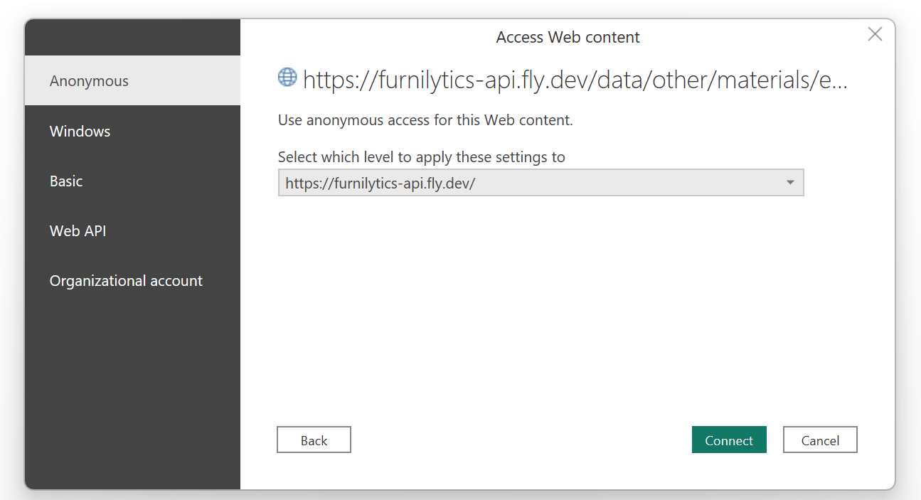 Power BI authentication window showing Anonymous access selection
