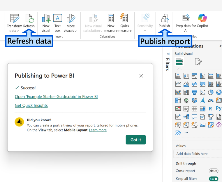 Power BI showing refresh data button and publish report functionality
