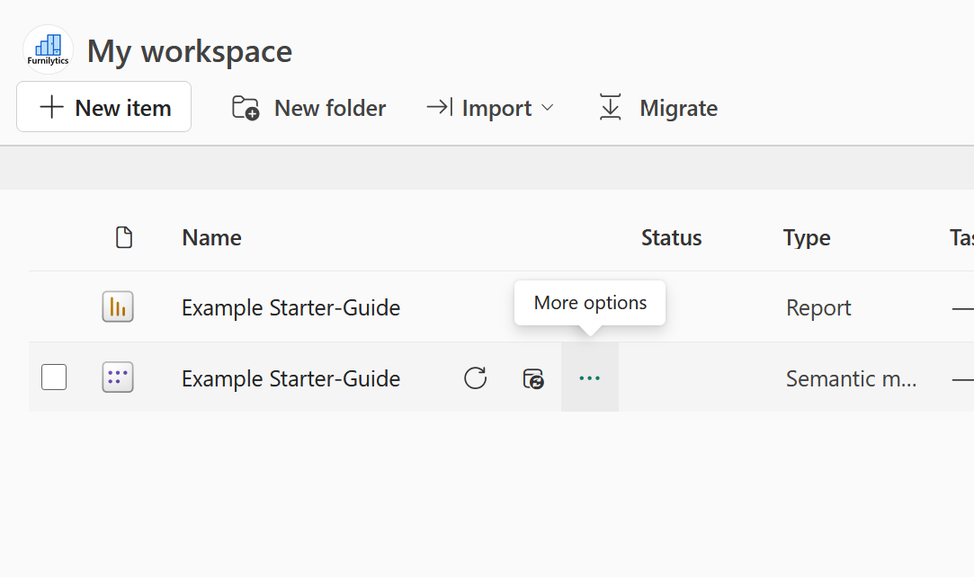 Power BI workspace showing dataset settings via three dot menu